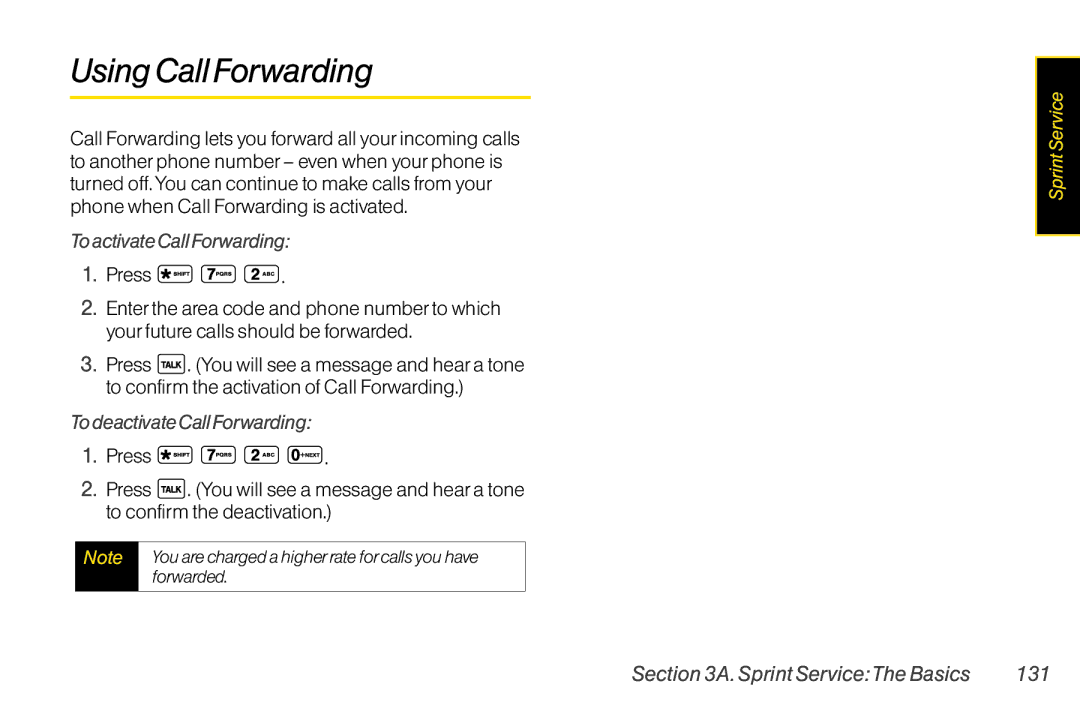 LG Electronics LX400 UsingCallForwarding, ToactivateCallForwarding, TodeactivateCallForwarding, SprintServiceTheBasics 131 