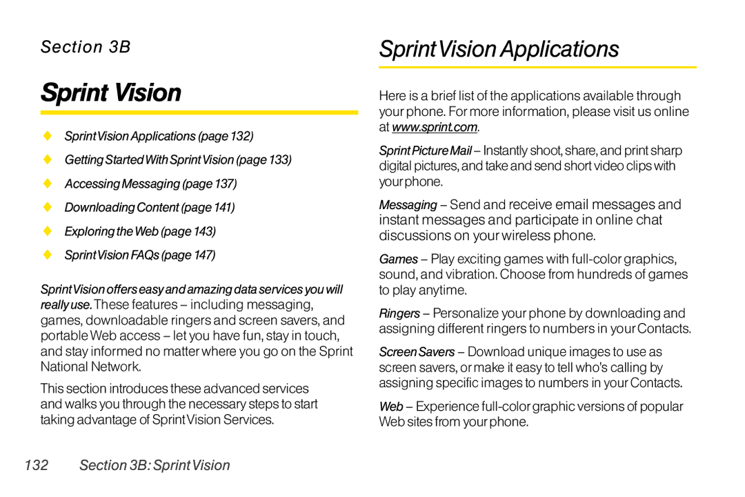 LG Electronics LX400 manual Sprint Vision, SprintVisionApplications, BSprintVision 