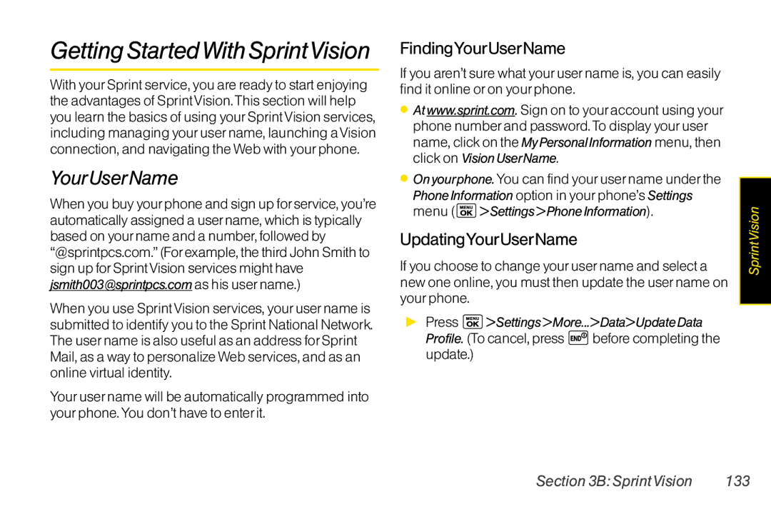LG Electronics LX400 GettingStartedWithSprintVision, FindingYourUserName, UpdatingYourUserName, BSprintVision 133 