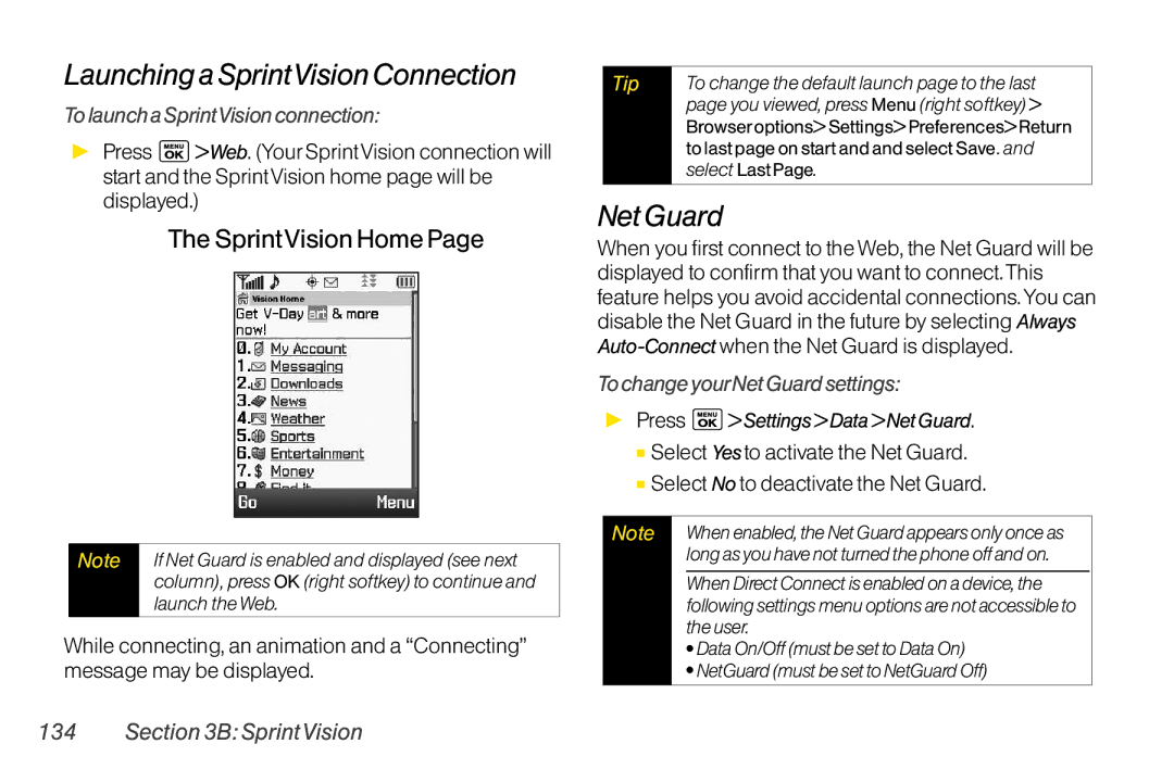 LG Electronics LX400 manual LaunchingaSprintVisionConnection, NetGuard, SprintVision Home, TolaunchaSprintVisionconnection 