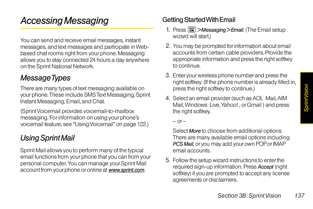 LG Electronics LX400 manual AccessingMessaging, MessageTypes, UsingSprintMail, GettingStartedWithEmail, BSprintVision 137 