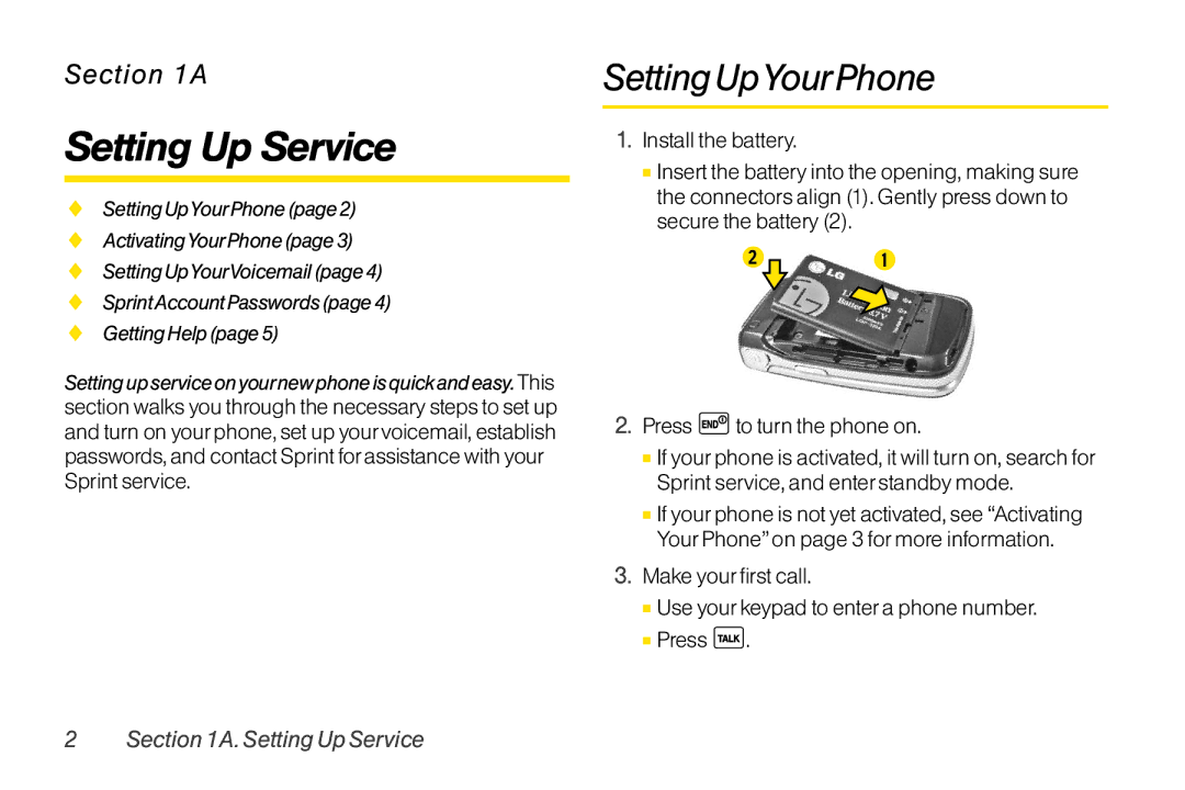 LG Electronics LX400 manual Setting Up Service, SettingUpYourPhone, SettingUpService 