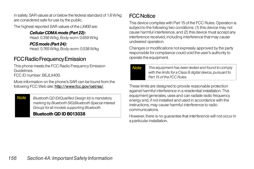 LG Electronics LX400 manual FCCRadioFrequencyEmission, FCCNotice, CellularCDMAmodePart22, PCS mode Part 