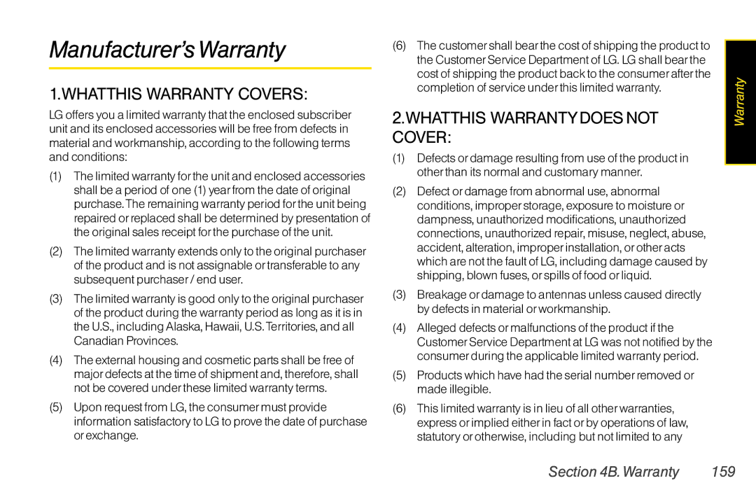 LG Electronics LX400 manual Manufacturer’sWarranty, Warranty 159 