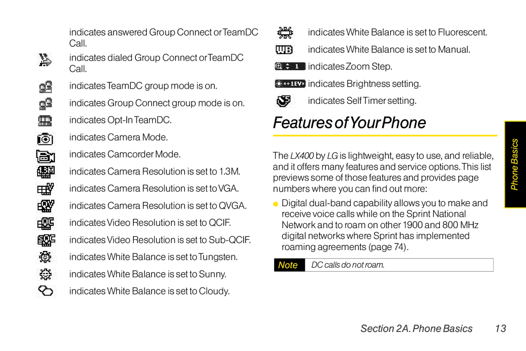 LG Electronics LX400 manual FeaturesofYourPhone, Indicates Camera Mode. indicates CamcorderMode 