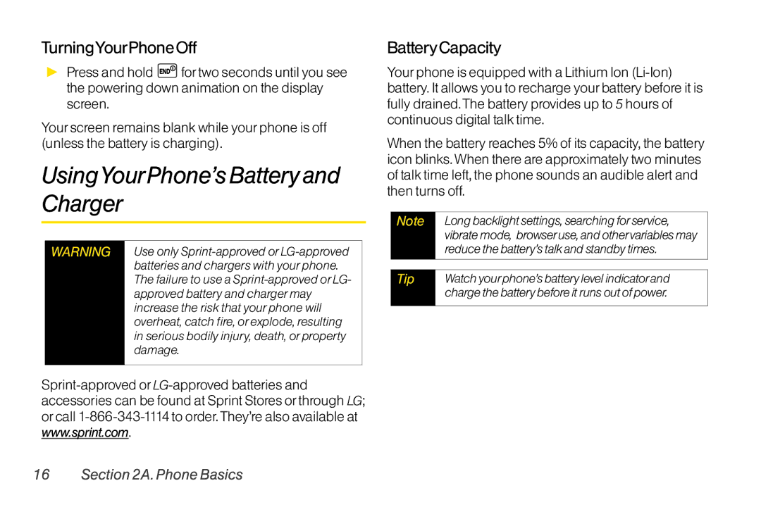 LG Electronics LX400 manual UsingYourPhone’sBatteryand Charger, TurningYourPhoneOff, BatteryCapacity 