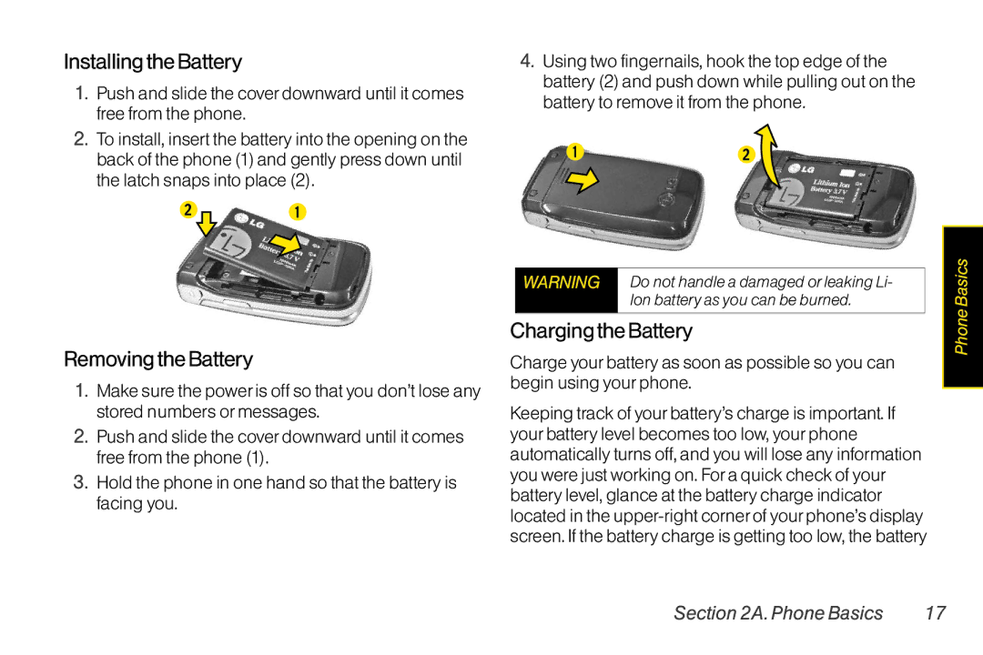 LG Electronics LX400 manual InstallingtheBattery, RemovingtheBattery 