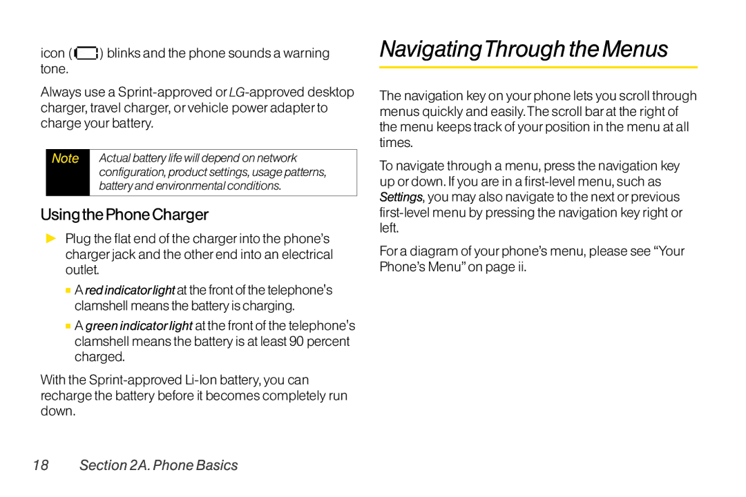 LG Electronics LX400 manual NavigatingThroughtheMenus, UsingthePhoneCharger 