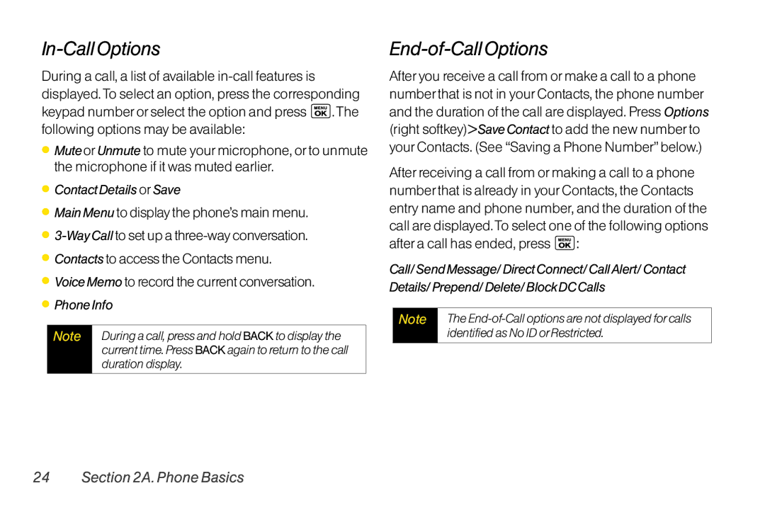 LG Electronics LX400 manual In-CallOptions, End-of-CallOptions,  ContactDetails orSave,  PhoneInfo 