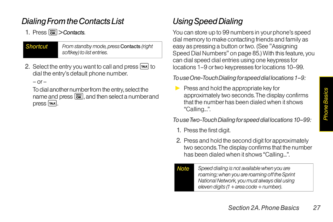 LG Electronics LX400 manual DialingFromtheContactsList, UsingSpeedDialing, TouseOne-TouchDialingforspeeddiallocations1-9 