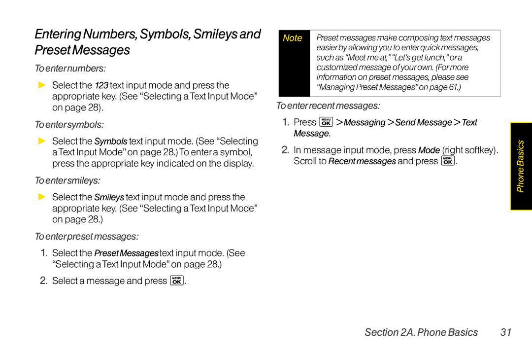 LG Electronics LX400 manual Toenternumbers, Toentersymbols, Toentersmileys, Toenterpresetmessages, Toenterrecentmessages 