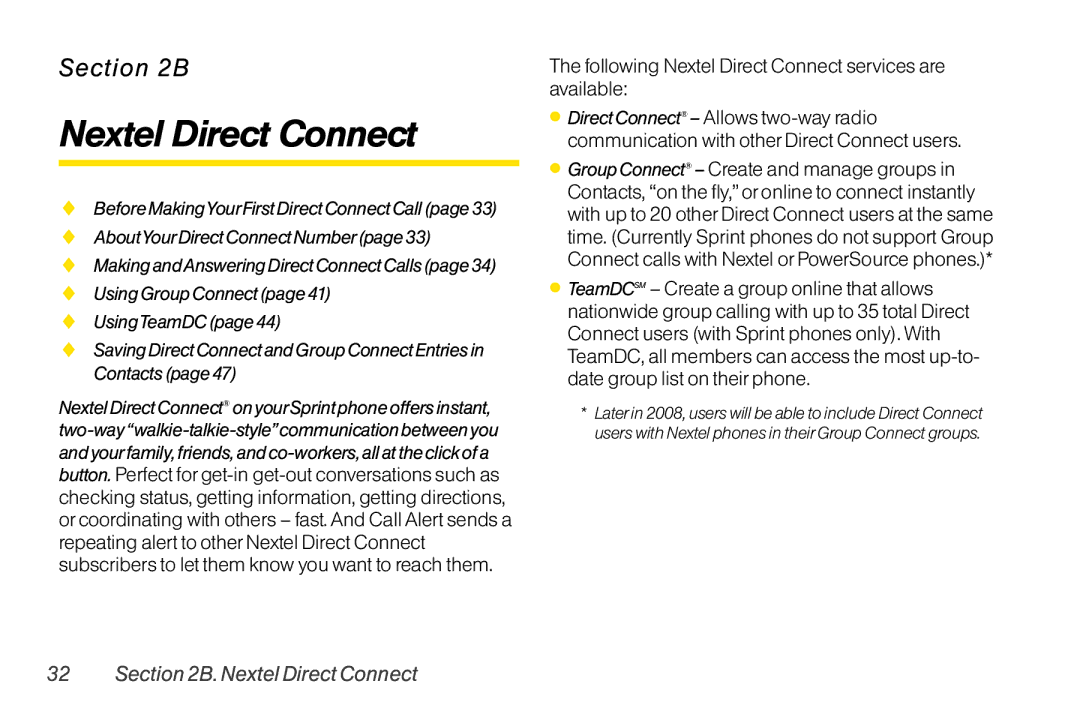 LG Electronics LX400 manual Following Nextel Direct Connect services are available, NextelDirectConnect 