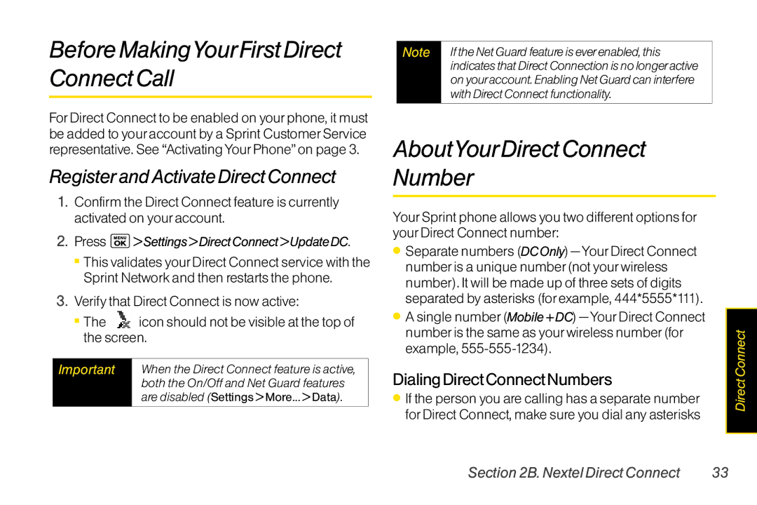 LG Electronics LX400 BeforeMakingYourFirstDirect ConnectCall, AboutYourDirectConnect Number, DialingDirectConnectNumbers 