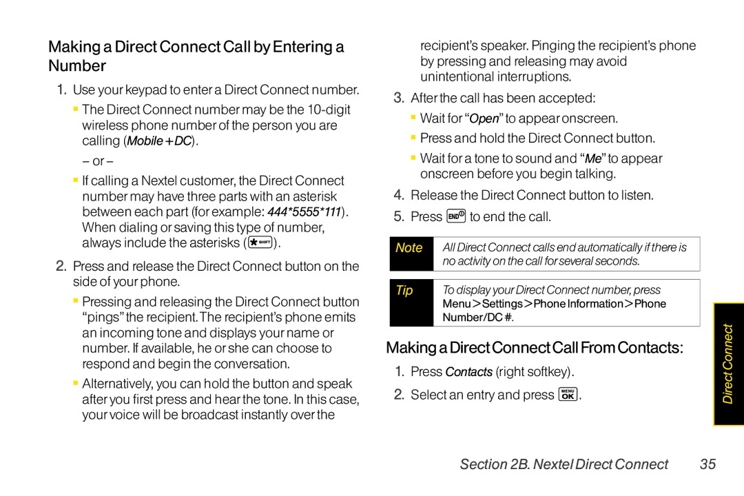 LG Electronics LX400 manual Making a Direct Connect Call byEntering a Number, MakingaDirectConnectCallFromContacts 