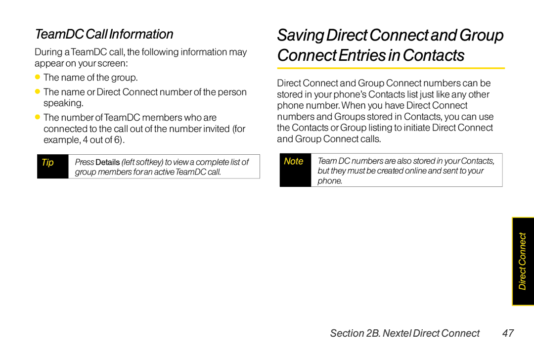 LG Electronics LX400 manual SavingDirectConnectandGroup ConnectEntriesinContacts, TeamDCCallInformation 