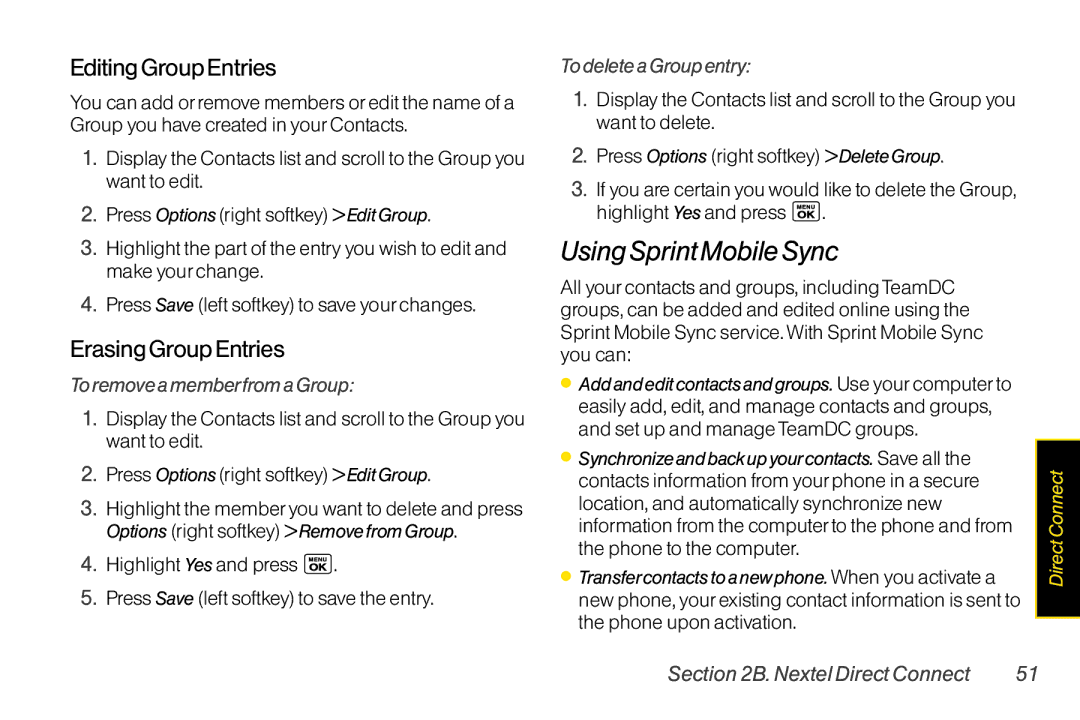 LG Electronics LX400 manual UsingSprintMobileSync, EditingGroupEntries, ErasingGroupEntries, ToremoveamemberfromaGroup 