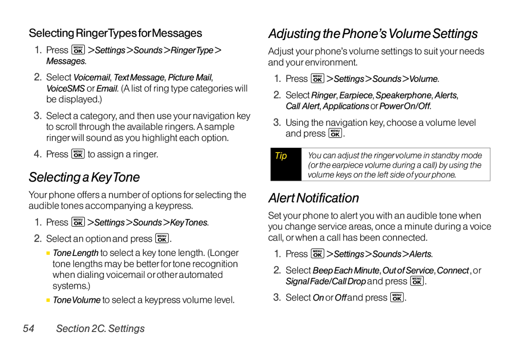 LG Electronics LX400 manual SelectingaKeyTone, AdjustingthePhone’sVolumeSettings, AlertNotification 