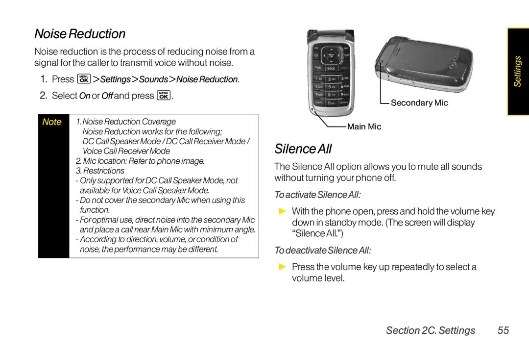 LG Electronics LX400 manual ToactivateSilenceAll, TodeactivateSilenceAll, Press SettingsSoundsNoiseReduction 