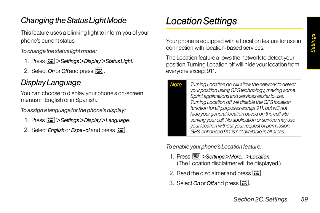 LG Electronics LX400 manual LocationSettings, ChangingtheStatusLightMode, DisplayLanguage 