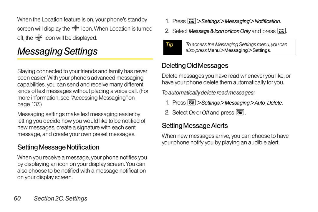 LG Electronics LX400 manual MessagingSettings, SettingMessageNotification, DeletingOldMessages, SettingMessageAlerts 