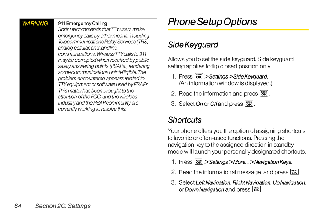 LG Electronics LX400 PhoneSetupOptions, SideKeyguard, Shortcuts, Read the information and press Select On orOffand press 