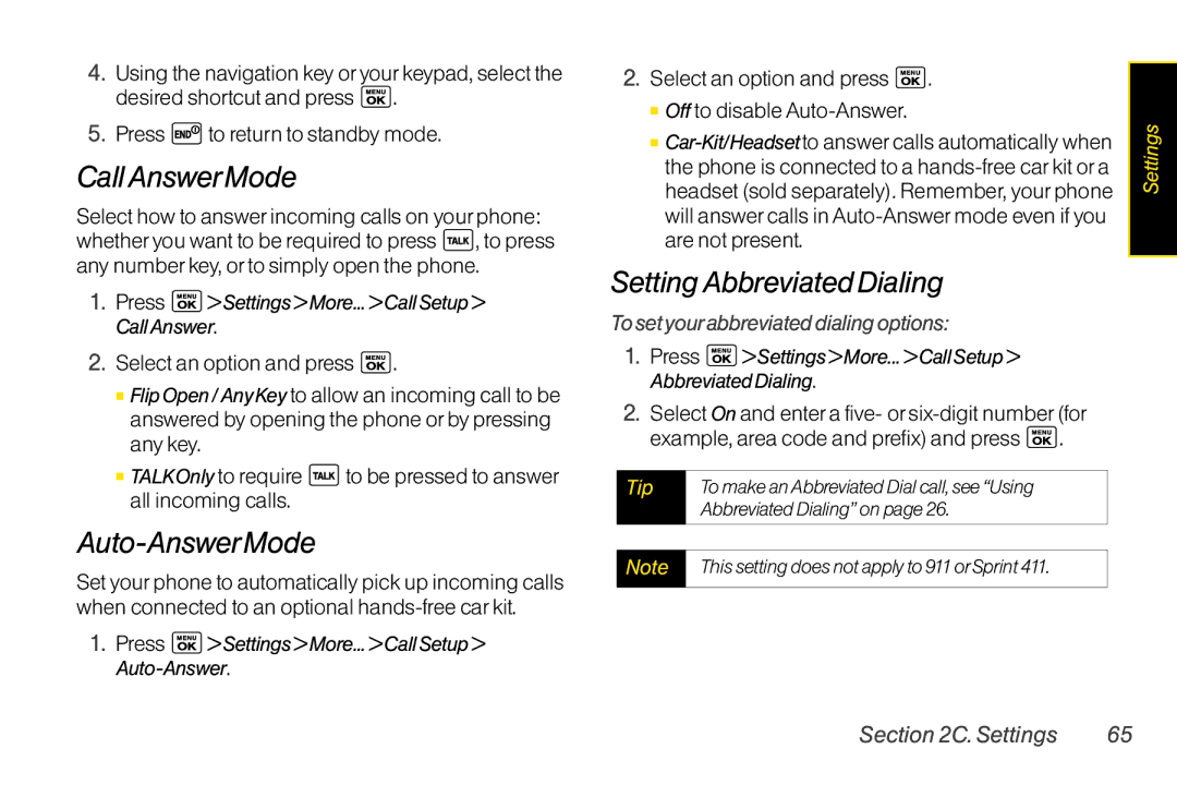 LG Electronics LX400 manual CallAnswerMode, Auto-AnswerMode, SettingAbbreviatedDialing, Tosetyourabbreviateddialingoptions 