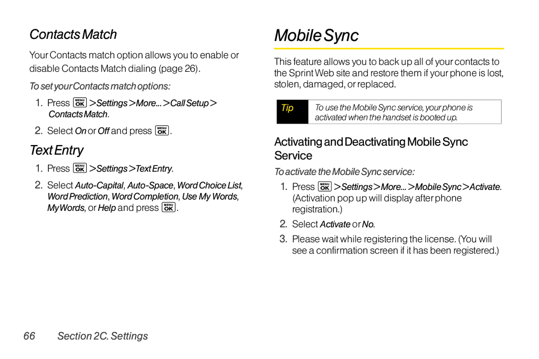 LG Electronics LX400 manual ContactsMatch, TextEntry, TosetyourContactsmatchoptions, ToactivatetheMobileSyncservice 