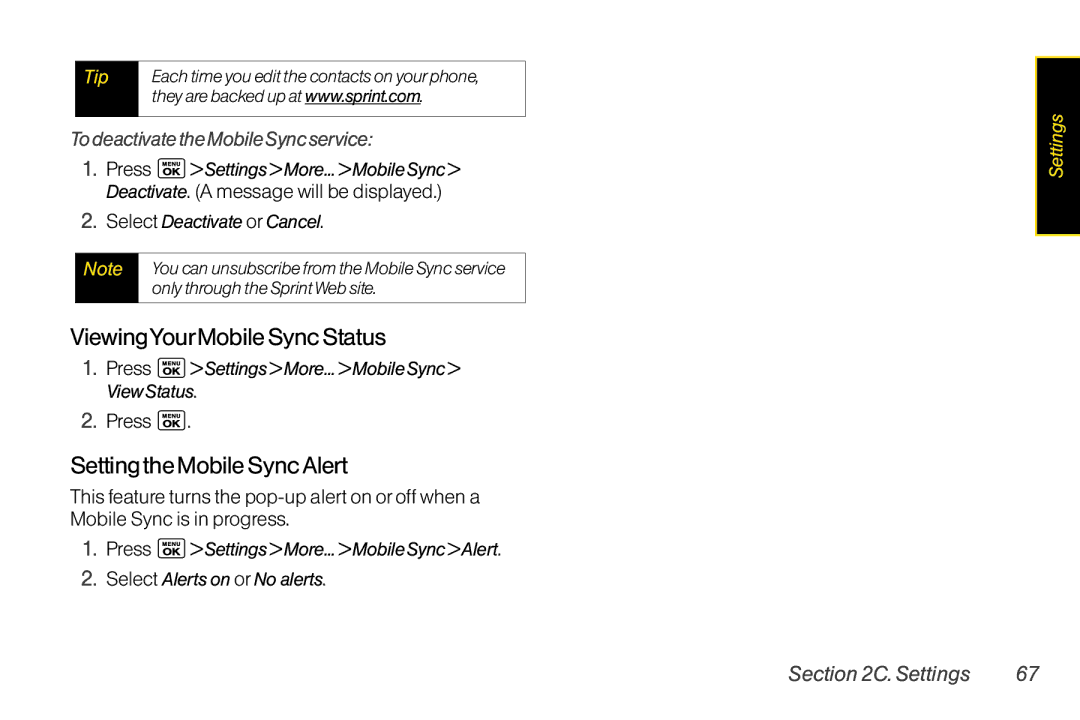 LG Electronics LX400 manual ViewingYourMobileSyncStatus, SettingtheMobileSyncAlert, TodeactivatetheMobileSyncservice 