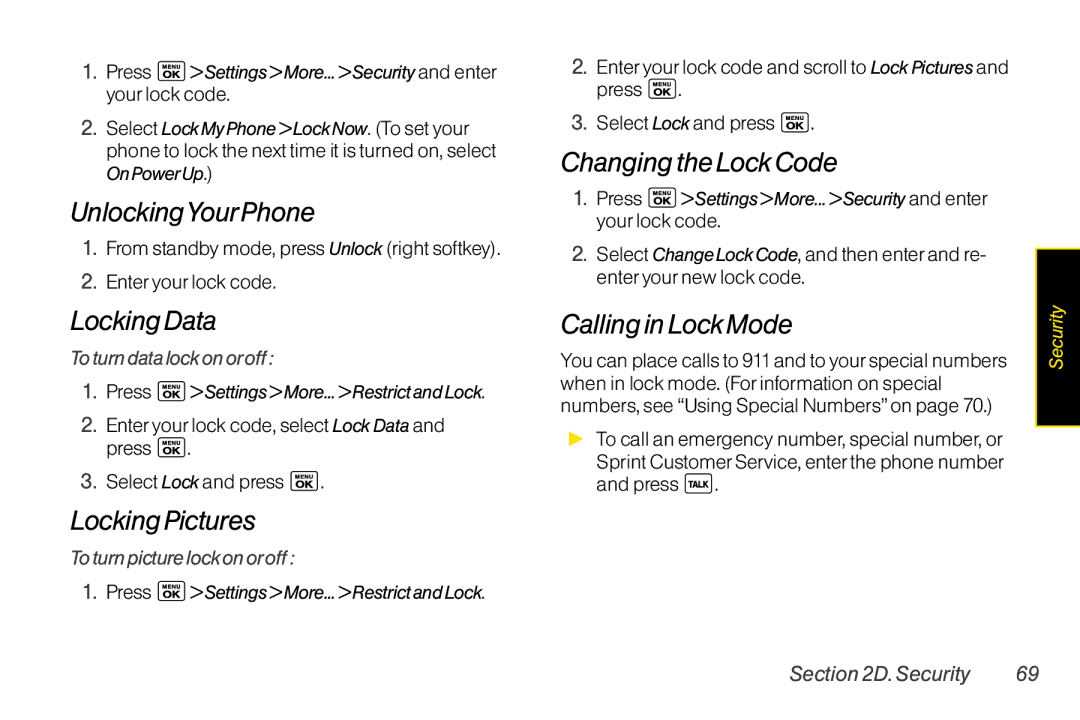 LG Electronics LX400 manual UnlockingYourPhone, LockingData, LockingPictures, ChangingtheLockCode, CallinginLockMode 