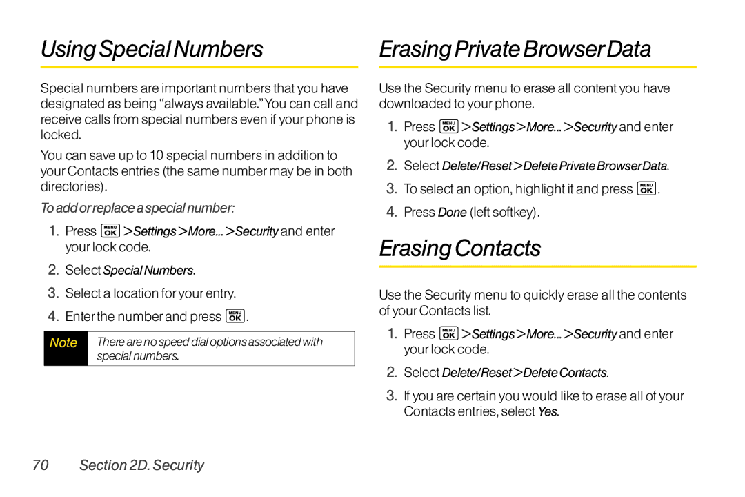 LG Electronics LX400 manual UsingSpecialNumbers, ErasingPrivateBrowserData, ErasingContacts, Toaddorreplaceaspecialnumber 