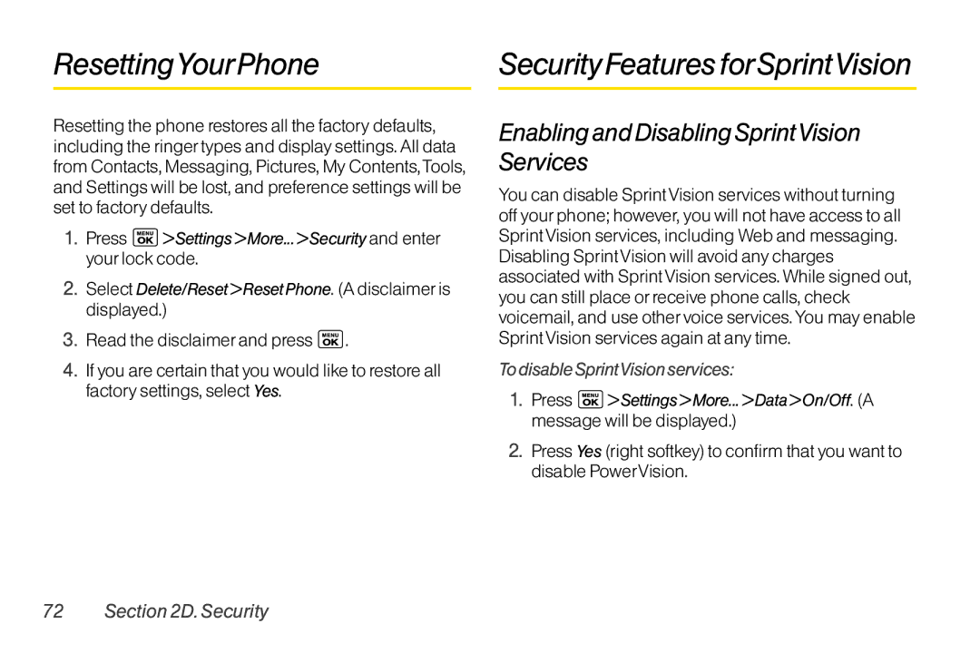 LG Electronics LX400 manual ResettingYourPhone, SecurityFeaturesforSprintVision, EnablingandDisablingSprintVision Services 