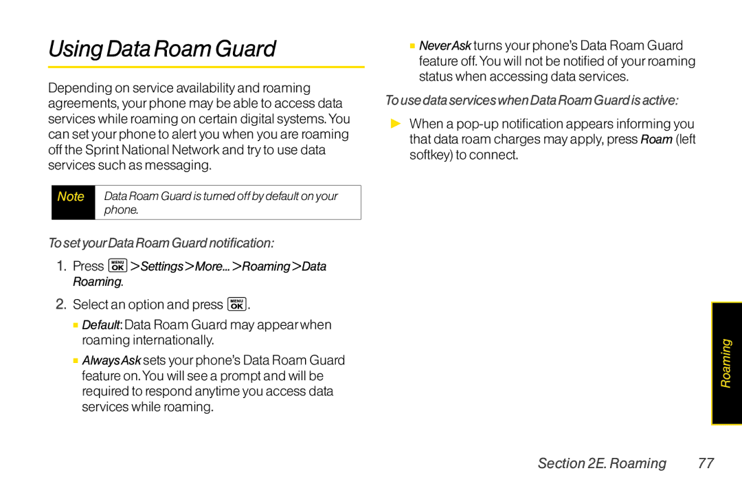 LG Electronics LX400 UsingDataRoamGuard, TosetyourDataRoamGuardnotification, TousedataserviceswhenDataRoamGuardisactive 