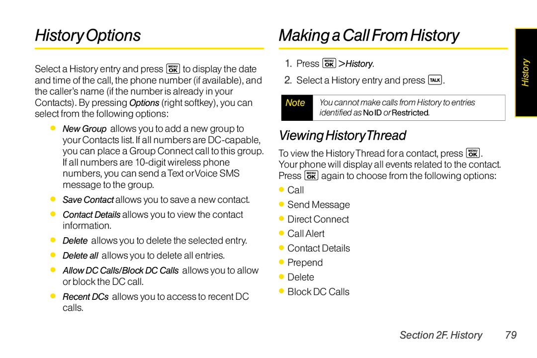 LG Electronics LX400 manual HistoryOptions MakingaCallFromHistory, ViewingHistoryThread, Select a History entry and press 