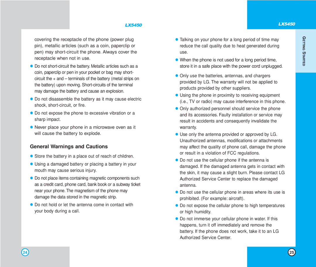 LG Electronics LX5450 manual General Warnings and Cautions 