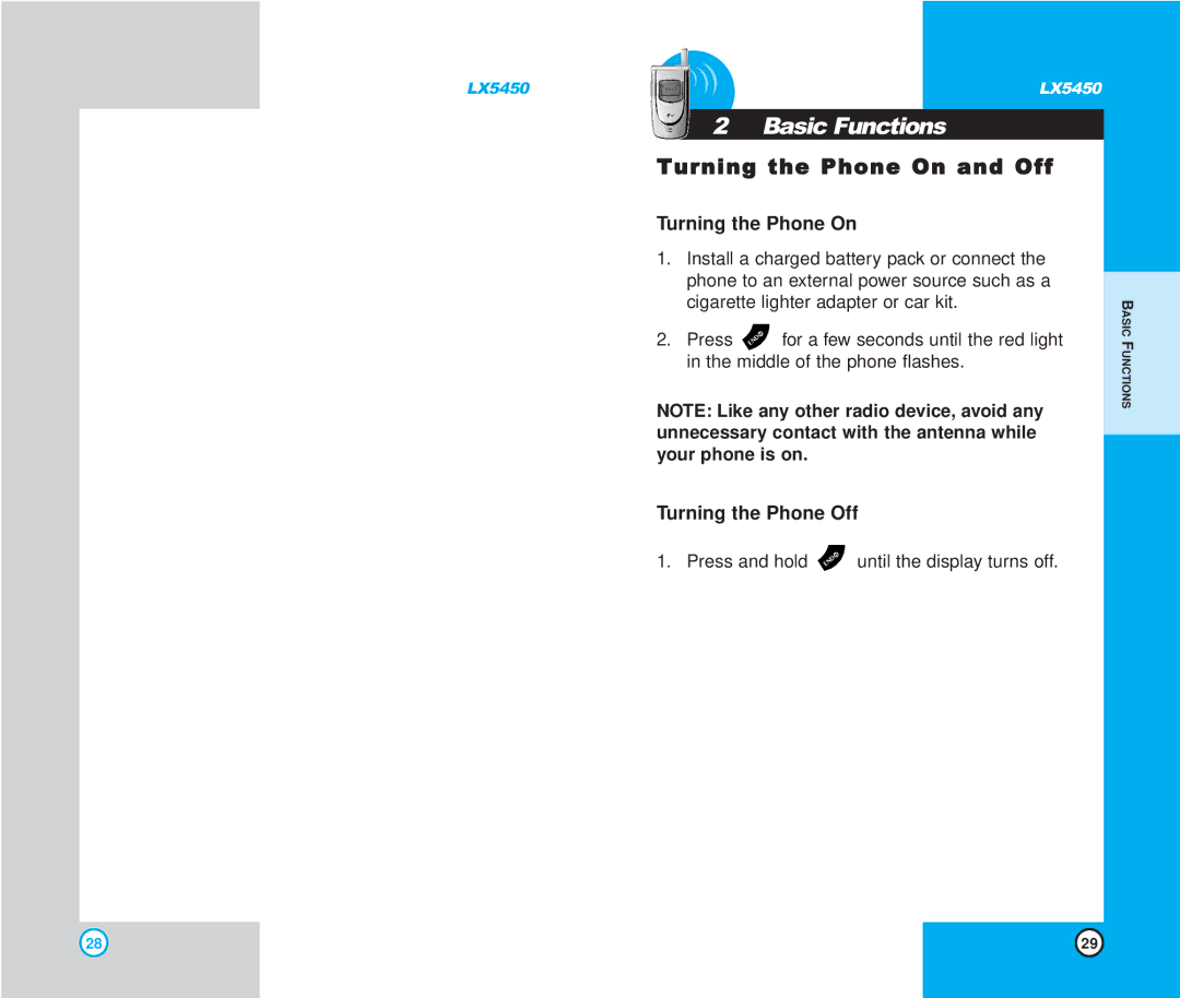 LG Electronics LX5450 manual Turning the Phone On and Off, Turning the Phone Off 