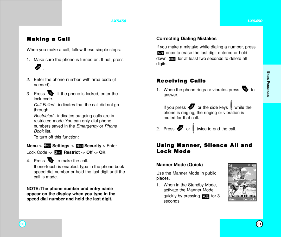 LG Electronics LX5450 Making a Call, Receiving Calls, Using Manner, Silence All and Lock Mode, Correcting Dialing Mistakes 