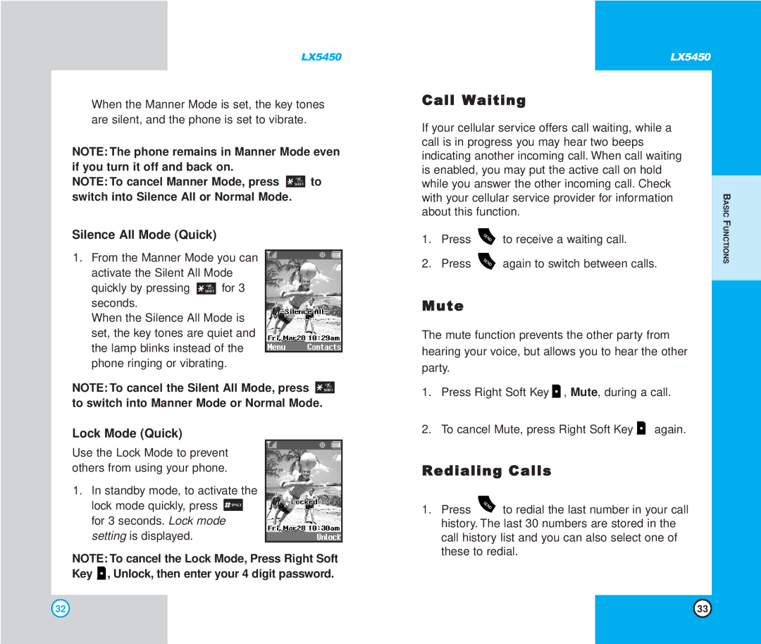 LG Electronics LX5450 manual Call Waiting, Mute, Redialing Calls, Silence All Mode Quick, Lock Mode Quick 
