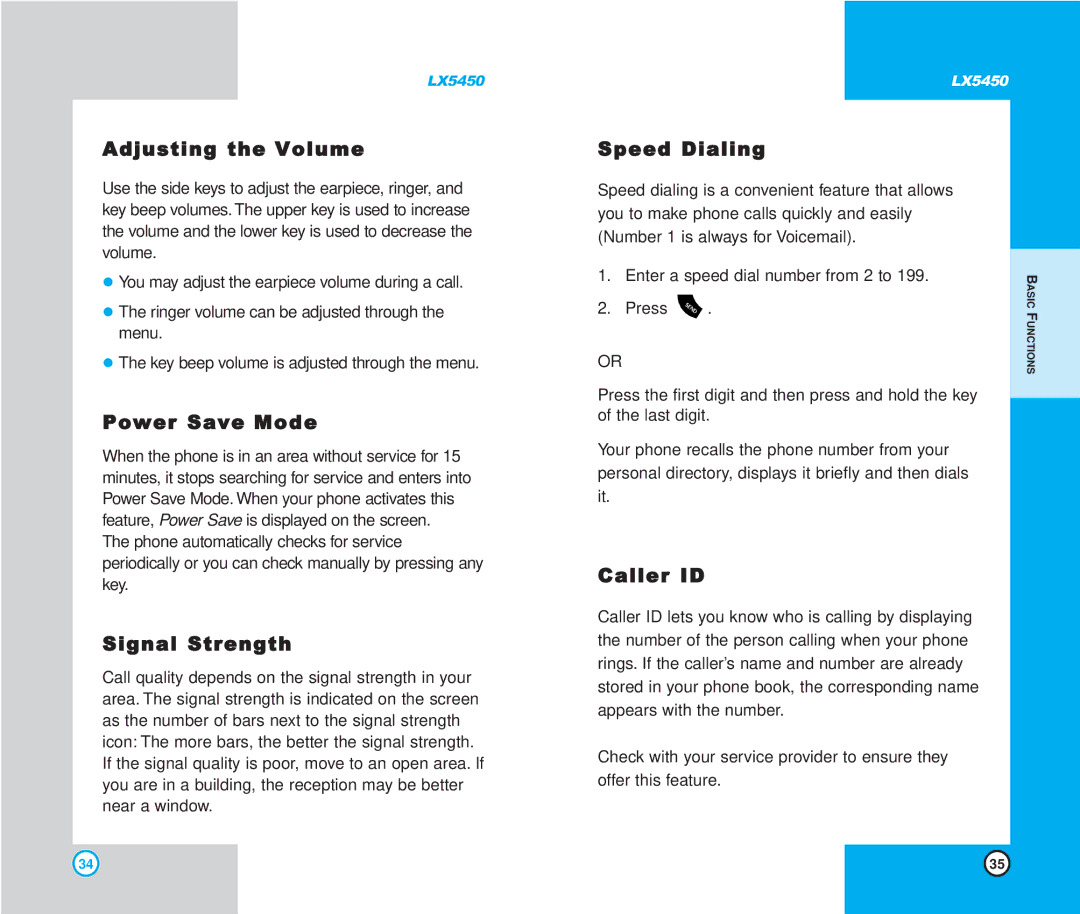 LG Electronics LX5450 manual Adjusting the Volume, Power Save Mode, Signal Strength, Speed Dialing, Caller ID 
