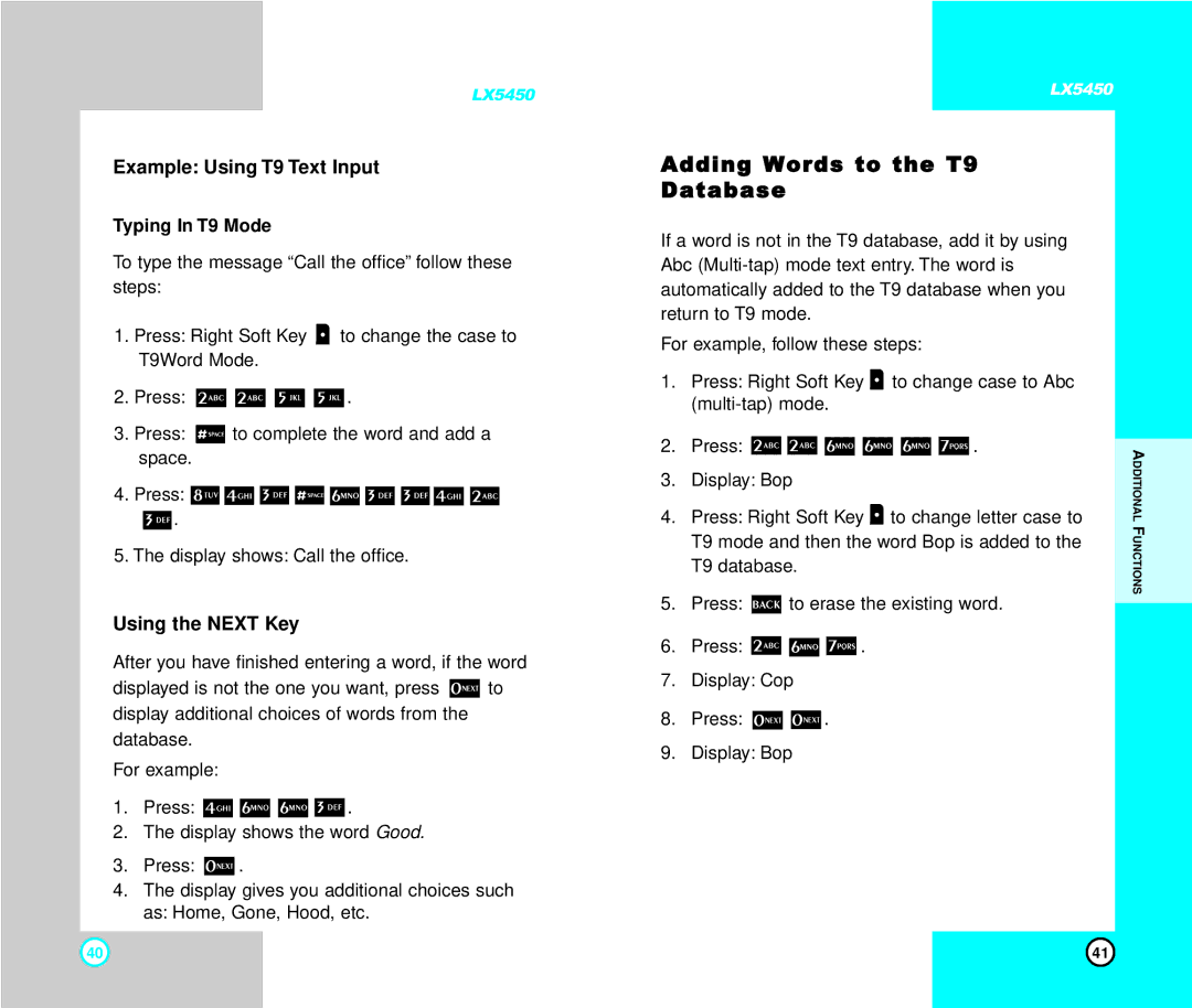 LG Electronics LX5450 Adding Words to the T9 Database, Example Using T9 Text Input, Using the Next Key, Typing In T9 Mode 