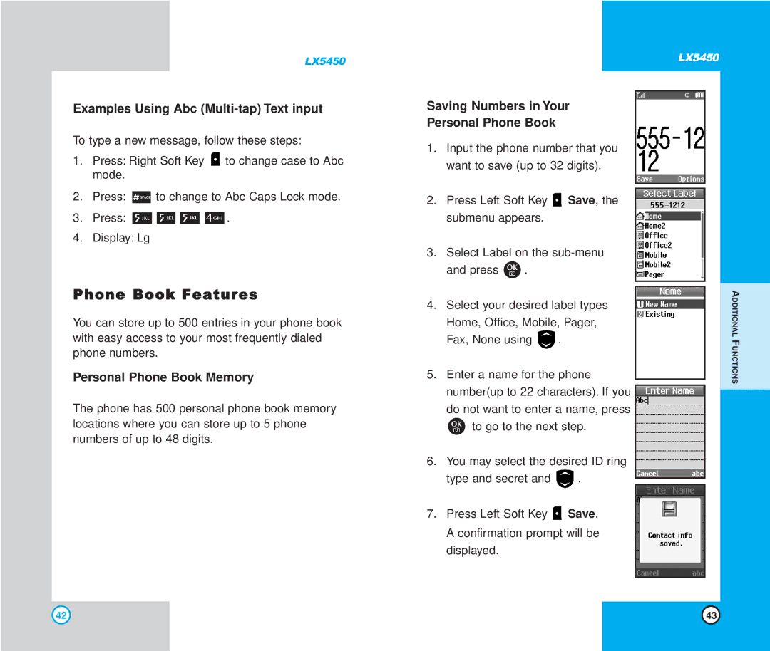 LG Electronics LX5450 manual Phone Book Features, Examples Using Abc Multi-tap Text input, Personal Phone Book Memory 