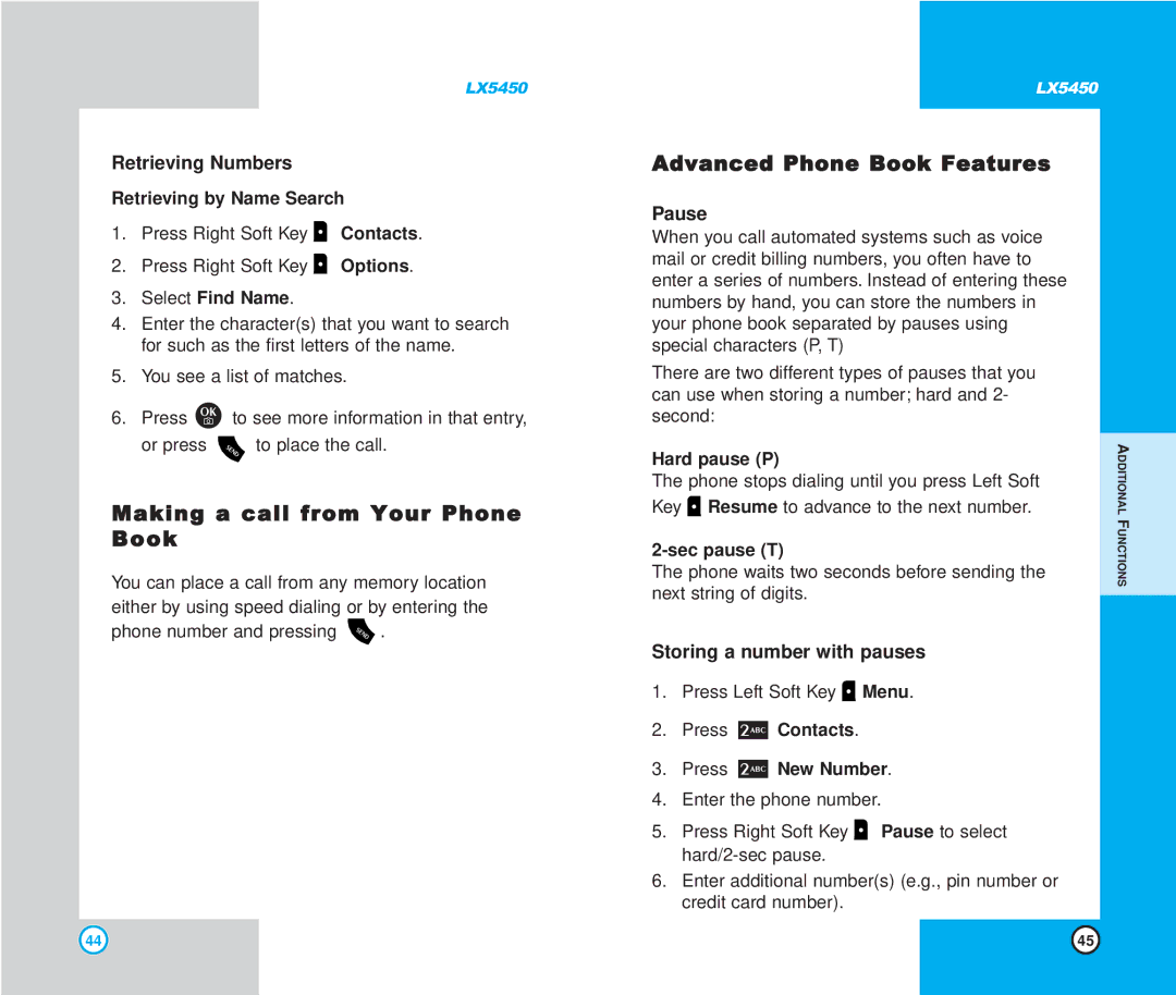 LG Electronics LX5450 manual Making a call from Your Phone Book, Advanced Phone Book Features, Retrieving Numbers, Pause 
