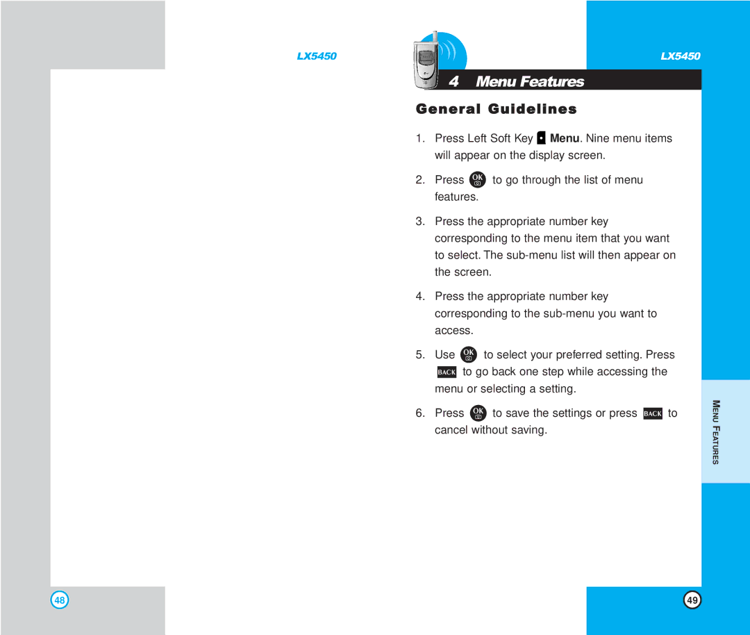 LG Electronics LX5450 manual Menu Features, General Guidelines 