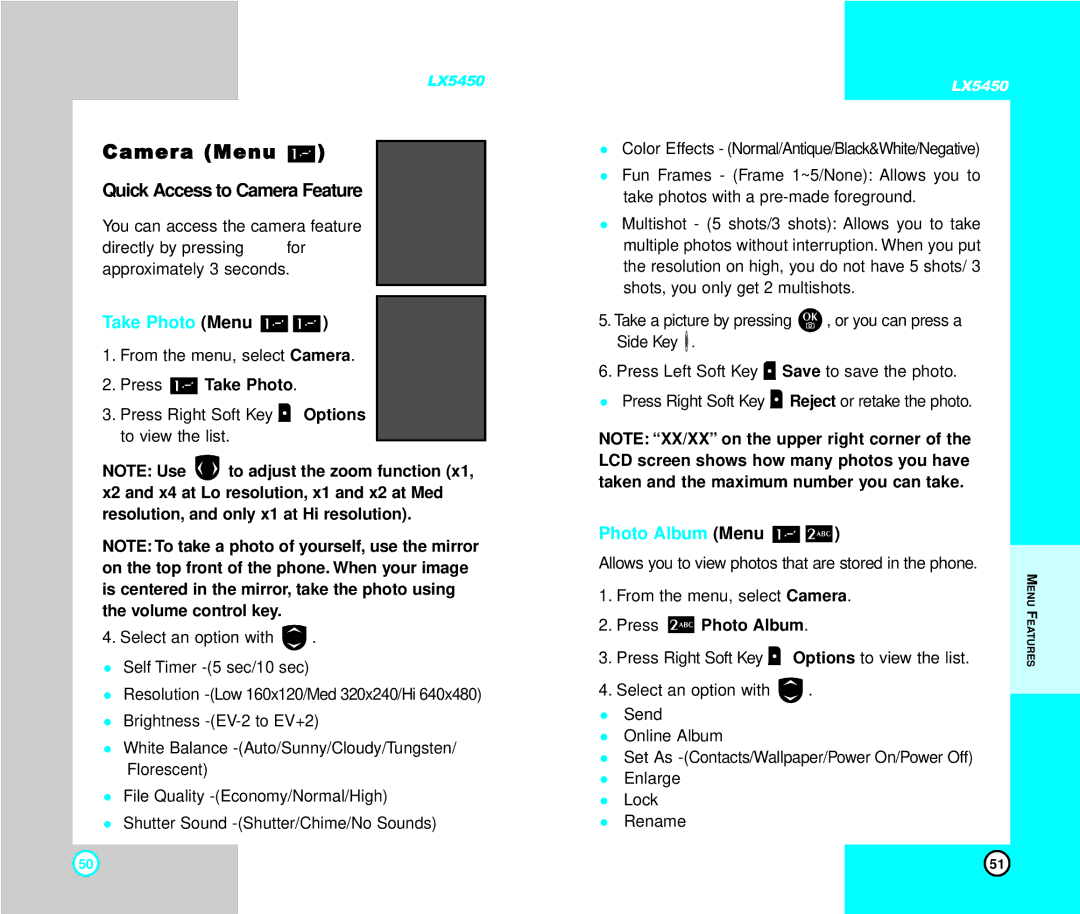LG Electronics LX5450 Camera Menu Quick Access to Camera Feature, Take Photo Menu, Photo Album Menu, Press Take Photo 
