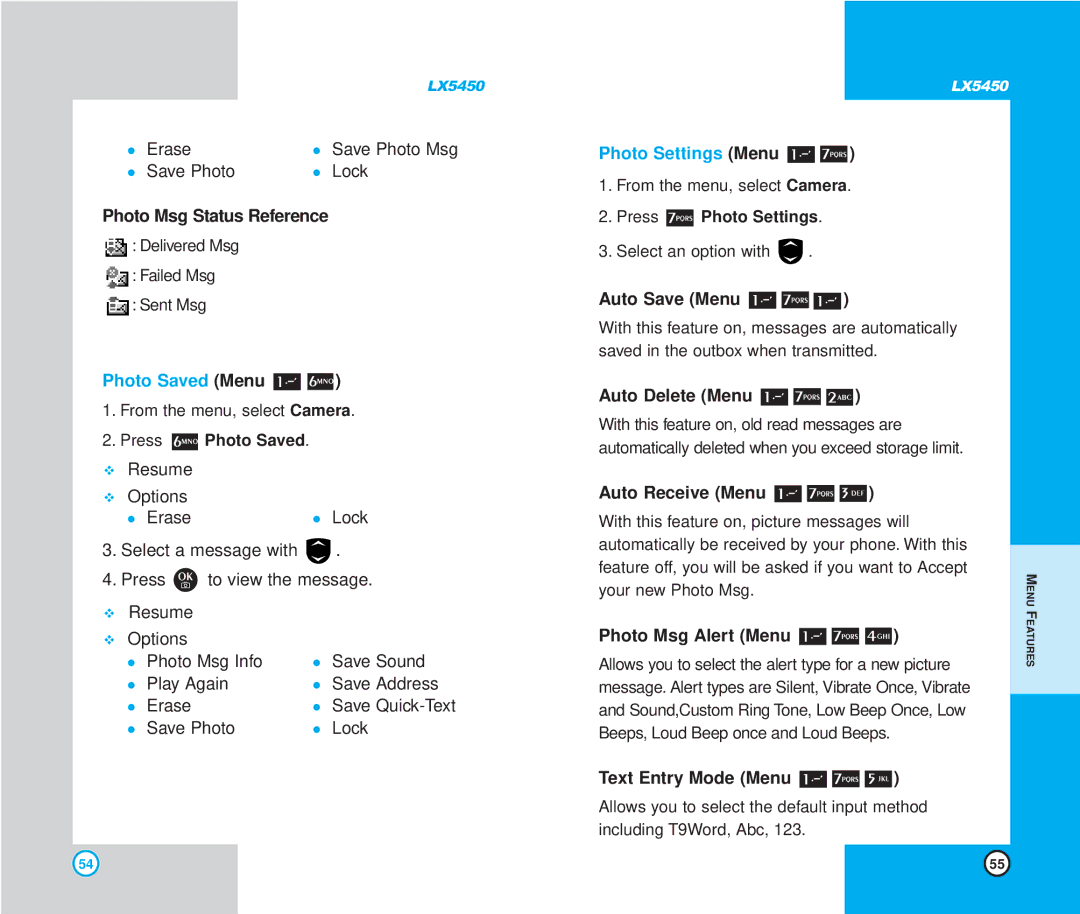 LG Electronics LX5450 manual Photo Saved Menu, Photo Settings Menu 