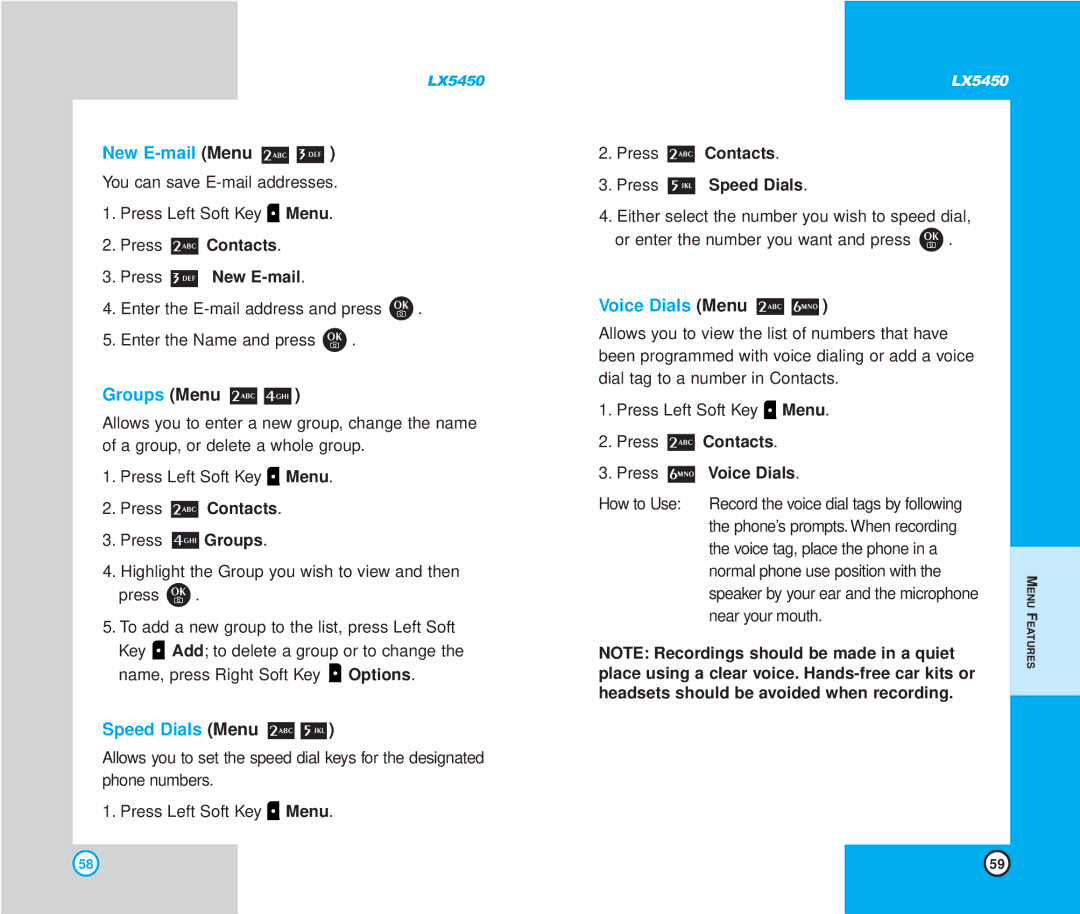 LG Electronics LX5450 manual New E-mail Menu, Groups Menu, Speed Dials Menu, Voice Dials Menu 