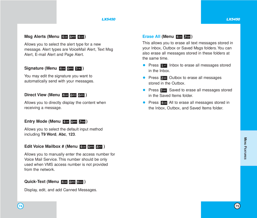 LG Electronics LX5450 manual Msg Alerts Menu, Signature Menu, Direct View Menu, Entry Mode Menu, Edit Voice Mailbox # Menu 