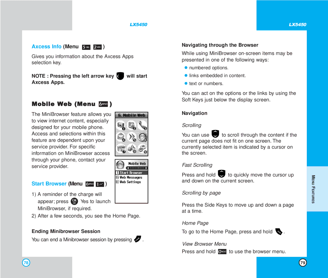 LG Electronics LX5450 manual Mobile Web Menu, Axcess Info Menu, Start Browser Menu 