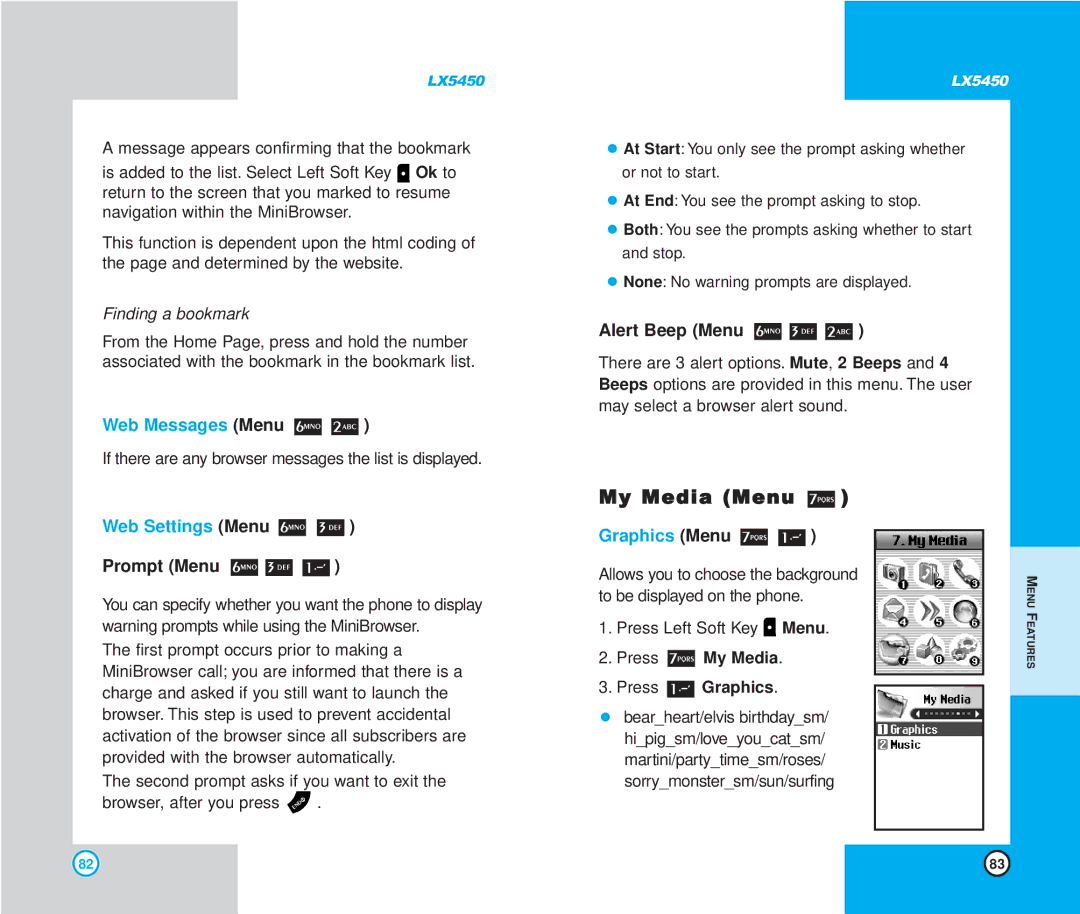 LG Electronics LX5450 manual My Media Menu, Web Messages Menu, Web Settings Menu, Graphics Menu 