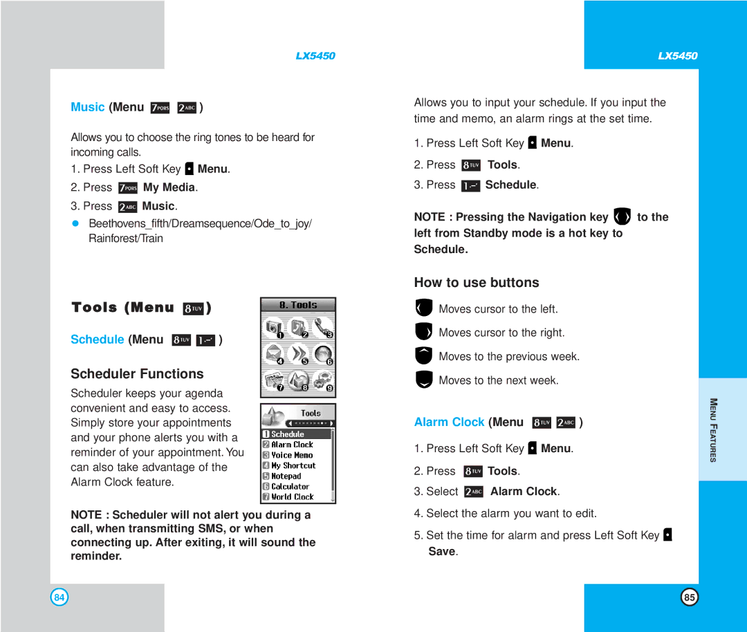 LG Electronics LX5450 manual Tools Menu, Music Menu, Schedule Menu, Alarm Clock Menu 