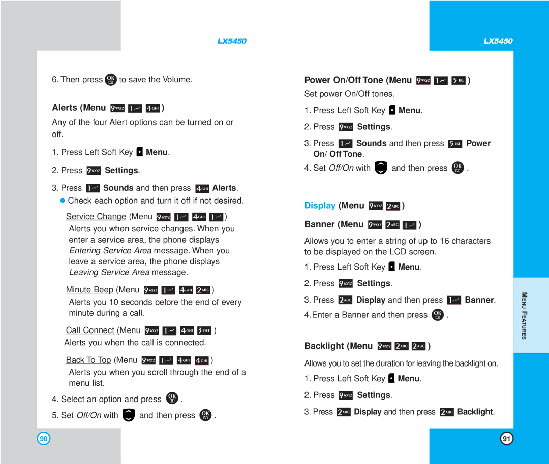 LG Electronics LX5450 manual Alerts Menu, Power On/Off Tone Menu, Display Menu, Banner Menu, Backlight Menu 